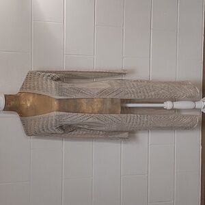 Moral Fiber Neutral Natural Crochet Knit Long Sleeve Open Front Long Cardigan